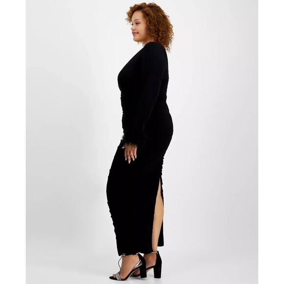 City Studios Women's Plus Size One-Shoulder Feather-Cuff Gown Dress Black 18W - Picture 3 of 12